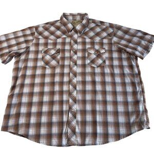 Vtg Wrangler Mens Country Western Pearl Snap Short Sleeve 3XL Shirt Plaid Brn